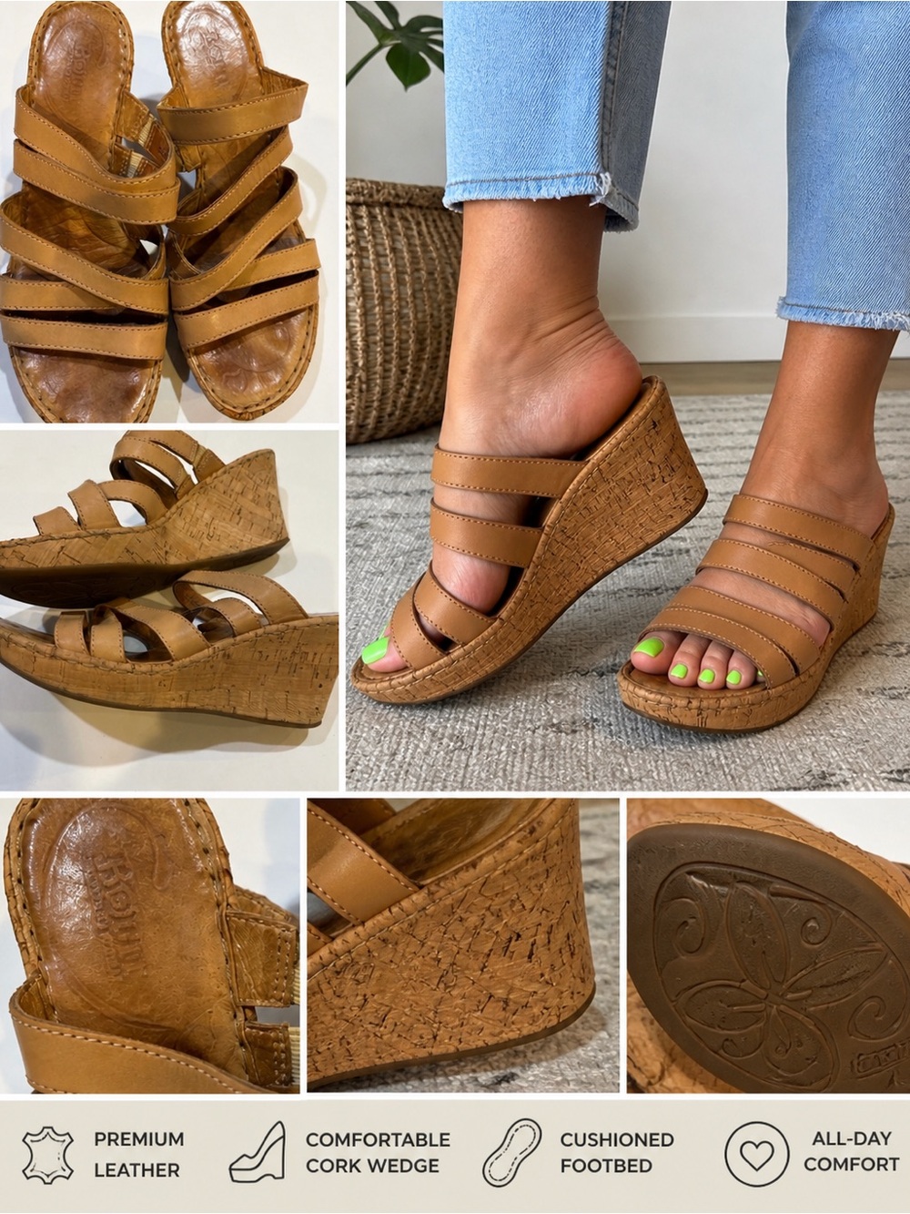 Born Cognac  Strappy  Cork Wedge Slide Sandals. Comfort Cushion Size 8